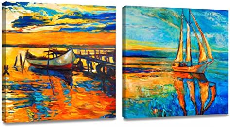 ArtKisser Original Modern Abstract Hand Painted Landscape Wall Art Boat Painting on Canvas HD Prints Wooden Framed Ready to Hang Home Decor for Living Room Corridors 12x12 inch 30x30 cm 2 panels