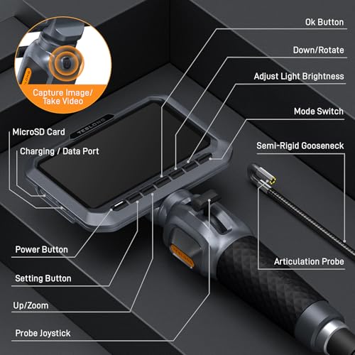 Teslong Two-Way Articulating Borescope, 5.5mm Slim Probe, 5.0'' Industrial Endoscope with Light, 5FT Flexible Snake Scope for Automotive, HVAC & Mechanics