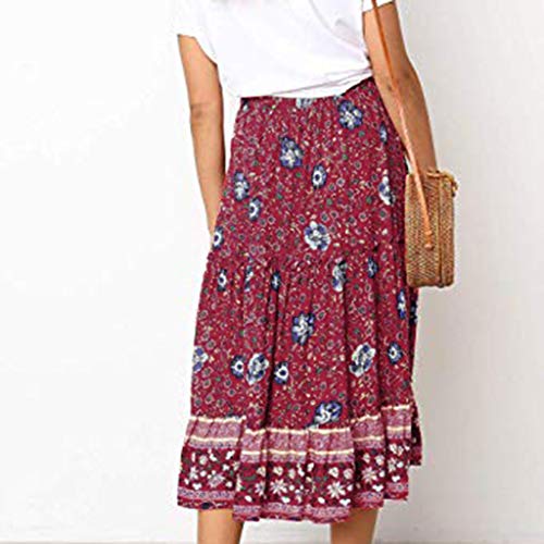 VICCKI Women's Bohemian Floral Printed Elastic Waist A Line Long Maxi Skirt Red