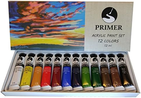 12 Color Acrylic Paint Set by PRIMER - Bold, vibrant hues ideal for painting canvas, wood, ceramics, and other surfaces. 100% Quality Guarantee