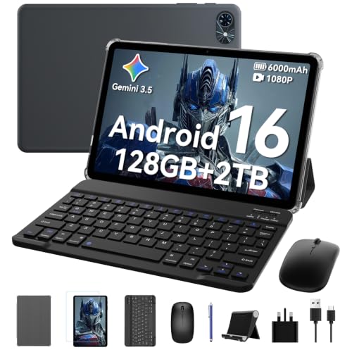 Tablet with keyboard, Android 16 Tablets with 10 Inch HD+IPS Display, 18GB RAM+128GB ROM/ 2TB TF, Gemini AI 3.1, GPS, 5G WiFi & 5MP Camera, 6000mAh, Widevine L1, GMS Certified, 4 Years Warranty