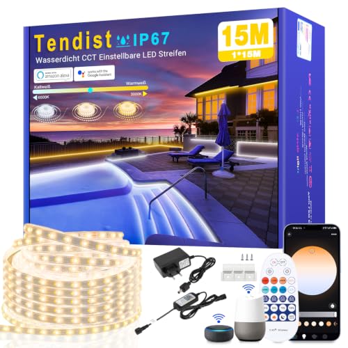 LED Strip Outdoor Waterproof Cool White to Warm White Dimmable (15M) | LED Light Compatible with Alexa, LED Strip WiFi Smart Waterproof, 24V Adhesive LED Strips for Kitchen, Garden