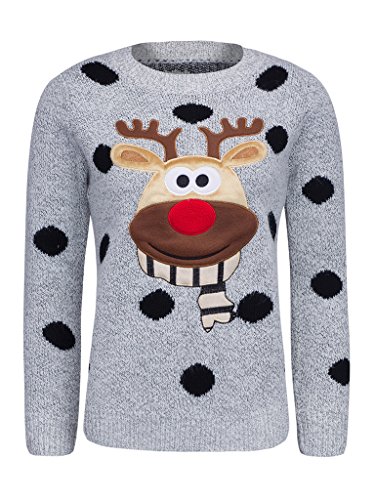 CHARLES RICHARDS Women's Gray Reindeer And Polka Dot Pattern Holidays Ugly Christmas Sweater