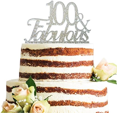 Glitter Silver Acrylic 100 &amp; Fabulous Cake Topper, 100th Birthday Party Cupcake Topper Decoration (100, Silver)
