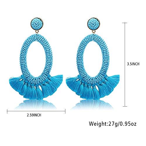 Women's Beaded Tassel Earrings Long Fringe Drop Bohemian Earings Dangle 7 Colors (Bead-Blue)