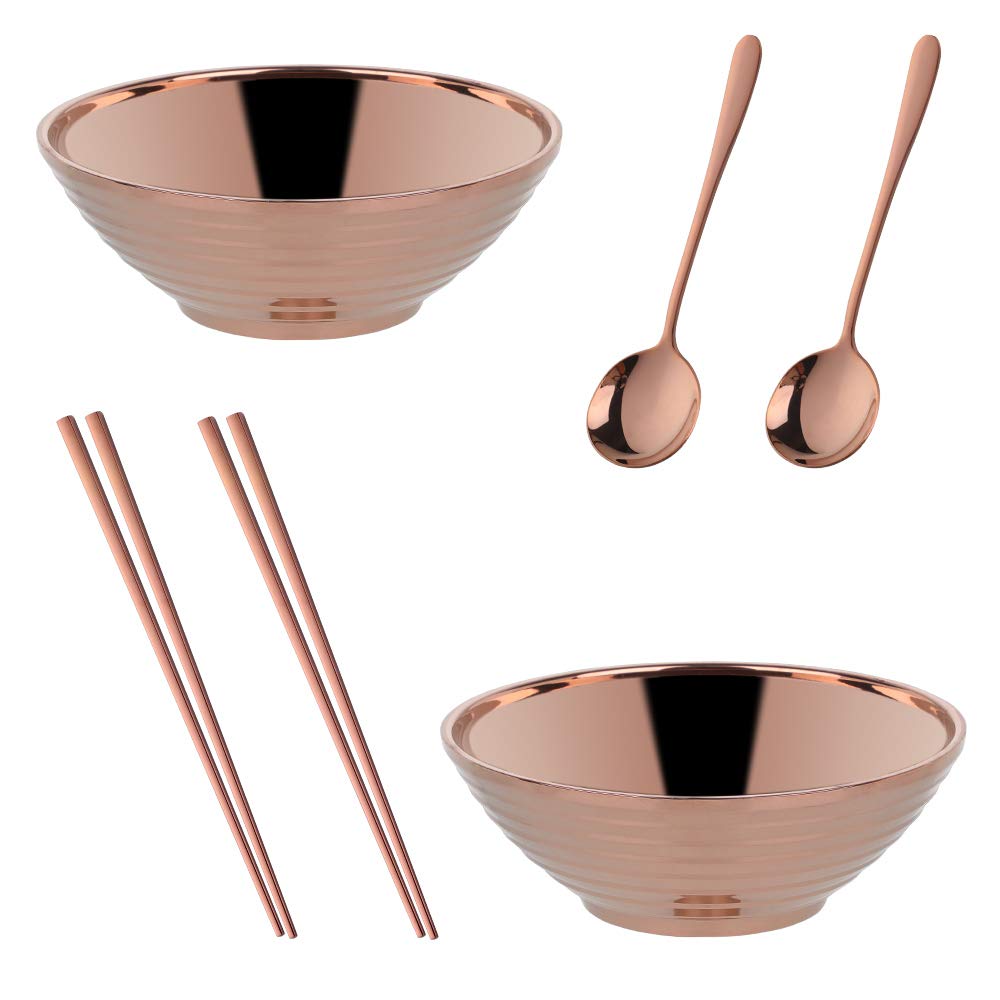 Buyer Star Japanese Stainless Steel Ramen Bowl Set, 2 Sets (6 Pieces) Noodle Bowls, Equipped with Matching Spoons and Chopsticks, can Hold Soup, Salad, Spaghetti and Mixed Fruit (Rose Gold)