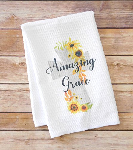 Kitchen Dish Towel - Amazing Grace Cross with Sunflowers