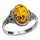 Honey Amber and Sterling Silver Classic Oval Ring, Sizes 5,6,7,8,9,10,11,12