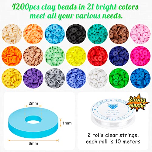 4524Pcs Clay Beads for Bracelets Making, 21 Colors 6mm Flat Round Polymer Clay Spacer Beads with A-Z Letter Beads Smiley Face Beads Pendant Charms Kit for Girls DIY Trendy Necklaces Jewelry Making