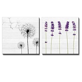 Row of Purple Flowers Over White Wooden Panels Along with Silhouette of Dandelions Over White Wooden Panels - Canvas Art Home Art - 12x12 inches