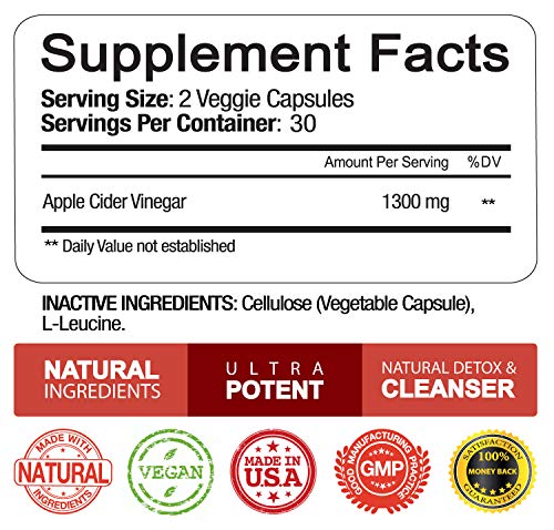 Organic Apple Cider Vinegar Capsules - Extra Strength ACV Pills Supplement - Best for Healthy Weight Loss, Diet, Digestion, Detox, Immune - Powerful Cleanser & Appetite Suppressant Non-GMO