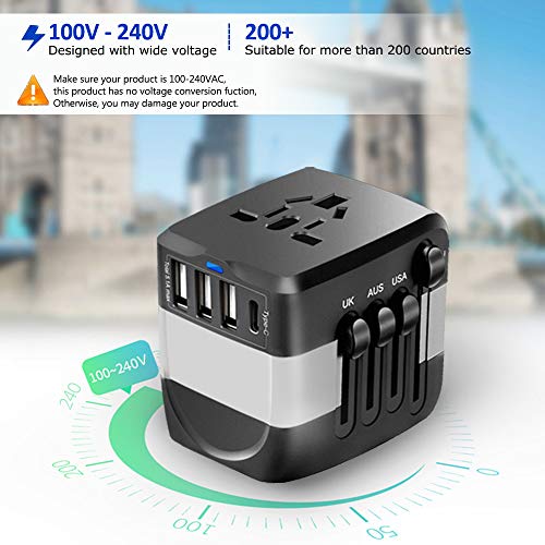 Universal Travel Adapter, 2400W International Power Adapter, European Adapter Worldwide All in One Plug Adaptor with 1 USB C + 3 USB for High Power Appliances for EU,UK,US,AUS,Over 200 Countries,Grey