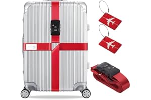 GAMASEN Heavy Duty Luggage Straps, TSA Certified Customs Lock, Adjustable Cross Suitcase Shoulder Strap, Luggage Lock Metal Luggage tag 3-Piece Set (Red)