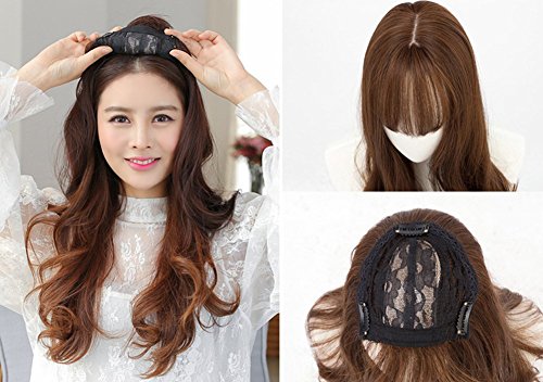 BESTLEE Long Wavy Synthetic Middle Part Clip in Hair Topper Mono Top Hairpiece with Air Bang for Women (Natural Black)