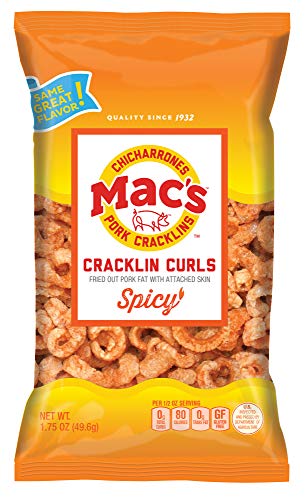 Mac's Hot Pork Cracklin Curls - Crunchy Low Carb Keto Friendly Snack, Cracklin' / Crackling Curls (1.75 oz bags, 24 ct) - Thumbnail 2