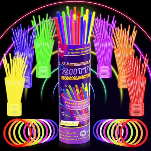 Ziitty 100 Luminous Fluorescent Bracelets, Christmas Decoration Accessory, 7 Beautiful Colours Glow Stick, Fluorescent Accessory, Wolves and Glasses Neon Gadgets for New Year Party Decoration