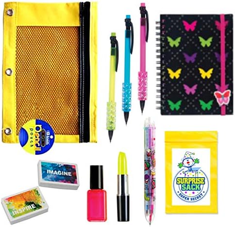 Kids Themed Stationary Accessories-Pencils, Pens, Erasers & 1 Secret Surprise Sack (TM) - Unique Back to School Supplies, Stocking Stuffers, Easter Basket Fillers (Girls Rule - Yellow Pouch)
