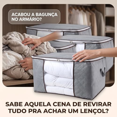 Kit 4 Sacos Bolsas Organizadoras Dobráveis Tecido Cinza com Zíper Total e Janela Frontal – Guarda Cobertores, Edredons e Roupas de Cama sem Amassar no Armário