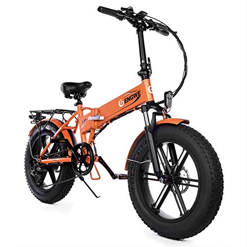 ENGWE Electric Mountain Bicycle 500W 20″ Fat Tire Electric Folding Beach Snow Bike for Adults, Aluminum Electric Scooter 7 Speed Gear E-Bike with Removable 48V12.5A Lithium Battery (Orange)