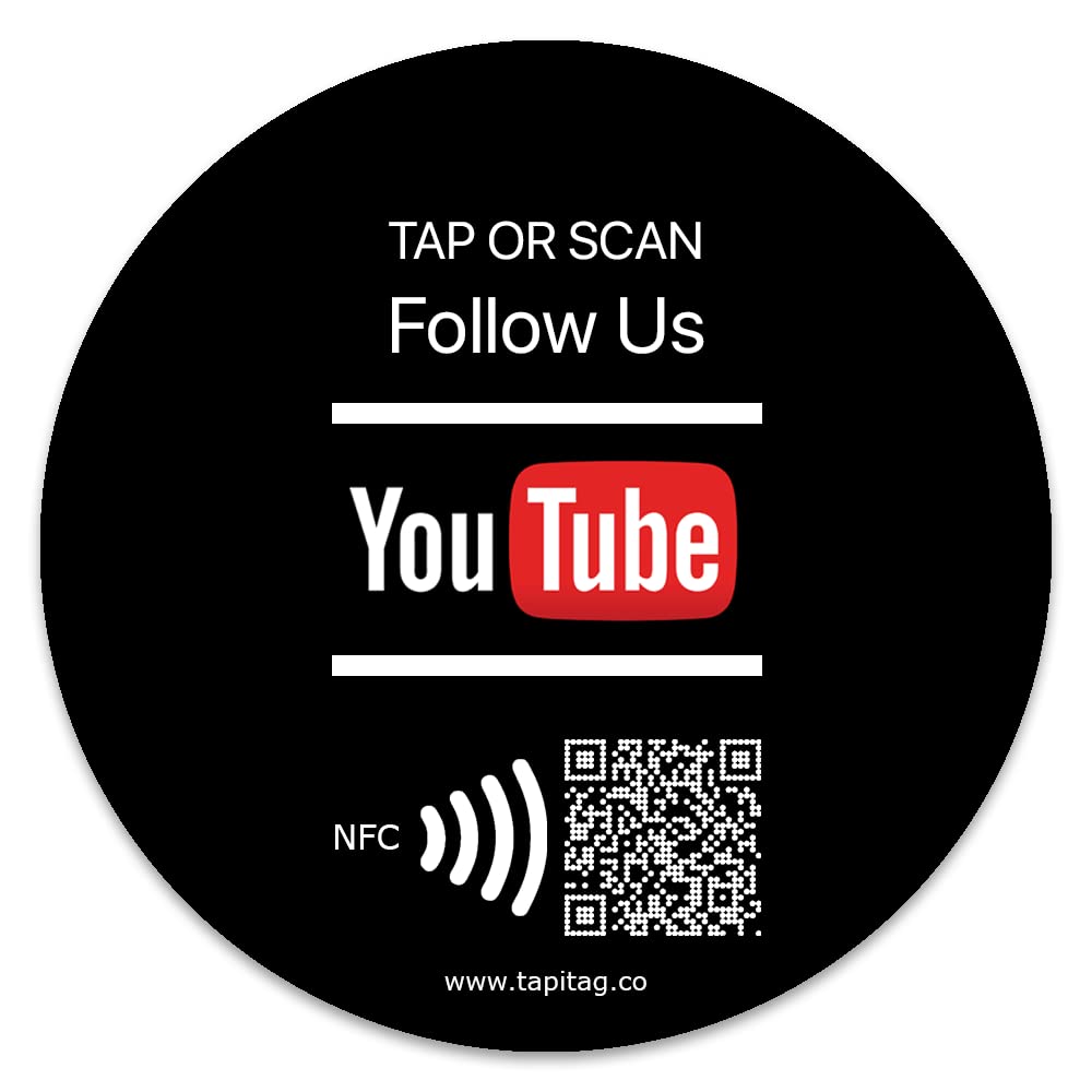 TAPiTAG Follow Us on YouTube PVC Tag with NFC & QR- NO Subscription - Social Media Sign for Businesses, Storefronts, Events to Instantly Increase Subscribers (120mm)