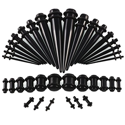 Stainless Steel Ear Stretching Taper Tunnel Starter Kit - 36 Piece Set 14G - 00G JDXN (14G-00G/36PCS Black)