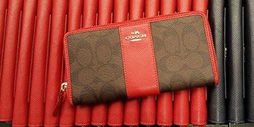 New! Coach Signature PVC Leather Zip Wallet (F54630) - Brown/True Red