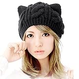 DEESEE Beanie Hat Unisex Baggy Beret Winter Warm Cat Ears Hemp Knitted Hat