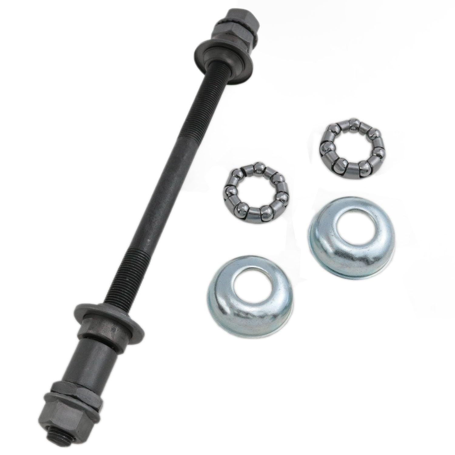 Photo 1 of Meuey Lyot Bicycle axle 190mm/7.48inch Bicycle Ball Bearing Retainer Bike Hub Cups Bicycle hub Axle 3/8" Black 26tpi Hub Conical Lock nut Washer Kit 1 Set