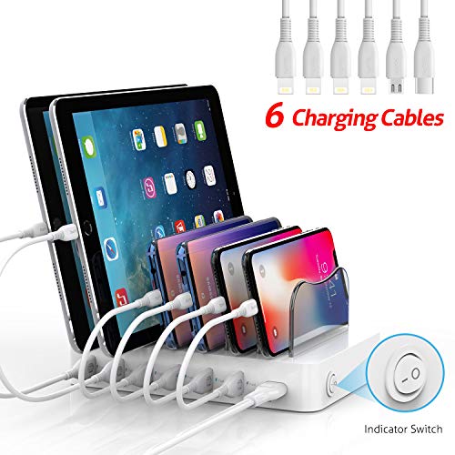 SooPii Premium 6-Port USB Charging Station Organizer for Multiple Devices, 6 Short Charging Cables Included, for Phones, Tablets, and Other Electronics, White