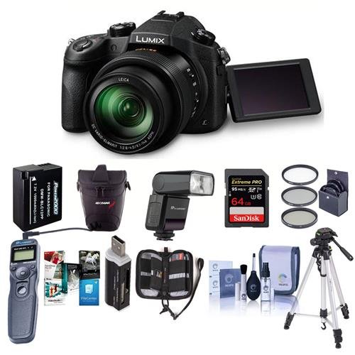 Panasonic-Lumix-DMC-FZ1000-Digital-Camera-Bundle-with-64GB-SDXC-Card-Case-Spare-Battery-Tripod-Flashpoint-Zoom-Mini-TTL-R2-Flash-Remote-Shutter-Release-62mm-Filter-Kit-Software-Pack-and-More