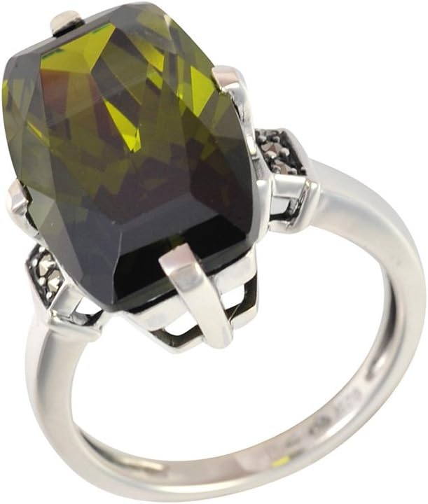 Sterling Silver Large Olive Quartz and Marcasite Cocktail Ring