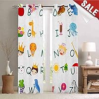 Flyerer Educational, Decor Curtains by, Cute Kids Alphabet with Fruits Animals Prince Princess Cheerful Colorful Design, Room Darkening Wide Curtains, W72 x L96 Inch Multicolor