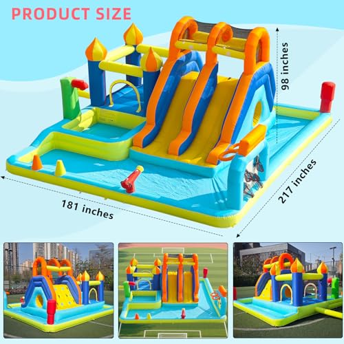 HIJOFUN Blow Up Water Slides Two Long Slides Jumping Bouncy Castle for Kids Outdoor Inflatable Bounce House with 680W Blower for Kids Backyard