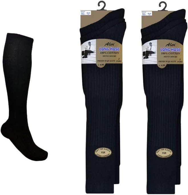 6 Pairs Mens Extra Long 100% Cotton Socks - Mens Long Hose Socks