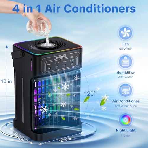 Portable Air Conditioners, 2026 Upgraded 4-IN-1 Quiet Portable AC Unit with Remote, 1100ML Tank Evaporative Air Cooler, 7 Color Light Personal Mini Air Conditioner for Bedroom,Office, Camping, Car,RV