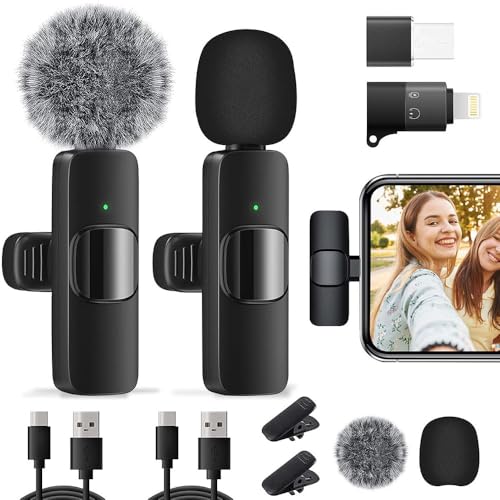2 Pack Micrófono Inalámbrico,Microfono de Solapa para iPhone/iPad/Android/PC,Inalámbrico Lavalier Compatible Profesional con Reducción de Ruido Inteligente,Plug and Play,para Vlog Video,Youtube Tiktok