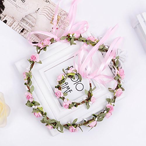 100% Handmade Flower Crown with Wristband Artificial and Ribbon Mini Paper Rose Floral Headpiece for Wedding Basket Girls (Paper Flower, Pink)