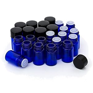 24 pack 2 ml 5/8 Dram Glass Bottles Mini Cobalt Blue Sample Bottles with Black Caps for Essential Oils,Chemistry Lab Chemicals,Colognes & Perfumes, 2 plastic droppers as gift