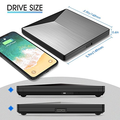 External DVD Drive, VikTck USB 3.0 CD DVD Burner Drive Writer Player Fire Prevention Aluminum and PC Ultra Slim Portable for Windows, Laptop, Mac, Macbook Air/Pro, Apple, Desktop, PC (Silver)