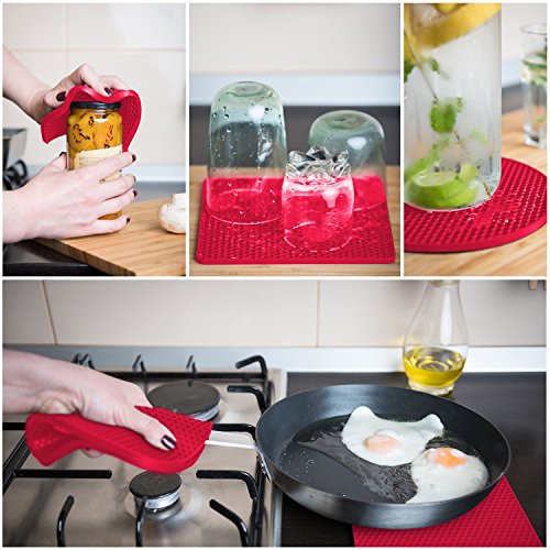 Q's INN Red Silicone Trivet Mats | Hot Pot Holders | Drying Mat. Our 7 in 1 Multi-Purpose Kitchen Tool is Heat Resistant to 440Â°F, Non-slip,durable, flexible easy to wash and dry and Contains 4 pcs.