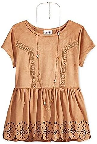 Belle Du Jour Girls' Laser-Cut Short-Sleeve Top Tan Large