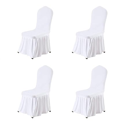 Uxcell Stretch Spandex Dining Room Chair Covers Long Ruffled Skirt Slipcover For Wedding Banquet Party Chair Covers White 4pcs