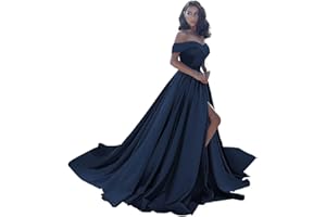 HOMDOR Off Shoulder Satin Prom Dresses Ball Gown Plus Size Formal Dresses for Women Wedding Dress with Slit