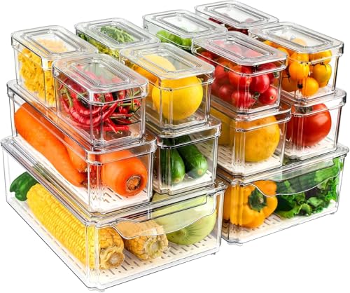 Ausein Juego de 14 Organizadores de Refrigerador, Contenedores de Acrilico de Nevera Transparentes con Tapas, Recipientes para Congelar Alimentos sin BPA para Frutas y Verduras, para Cocina