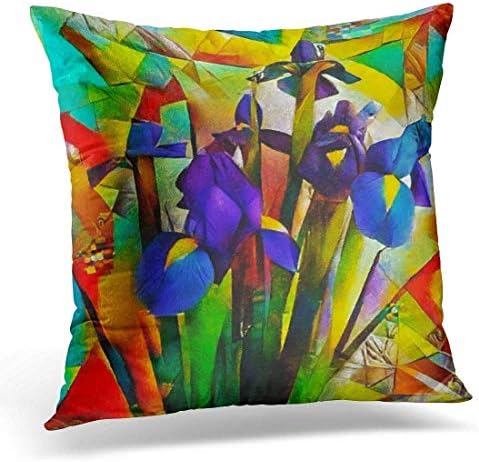 BorisMotley Irises Bouquet of Beautiful Flowers in Modern and Cubism From Picasso Executed Oil on Canvas with Fine Decorative Pillow Case Home Decor Square 18x18 Inches Pillowcase