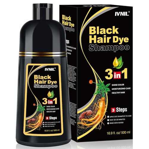 Black Hair Dye Shampoo 3 in 1, Shampoo para Canas con Tinte, Champú para Teñir el Cabello Negro, Cobertura de Canas con Ingredientes Herbales, 500ml (Negro)