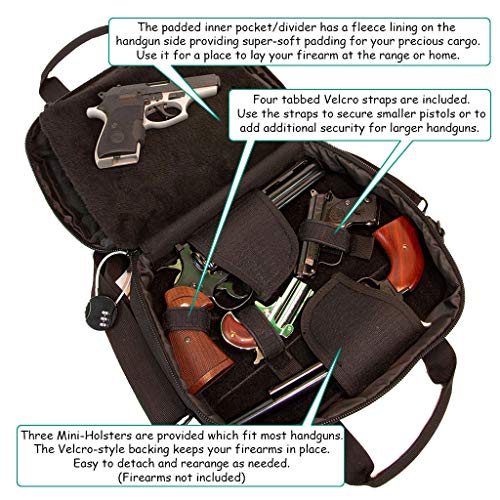 Pistol Case Range Bag for Handguns by FirstChoice Gear - 2 to 4 Gun Padded Tactical Handgun Shooting Soft Case, Lockable Zippers w/Padlock, 3 Mini-Holsters, 8 Mag Slots, 4 Pockets, Range Mat (Black)