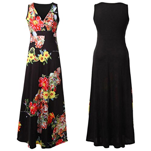 Women's Summer Boho V Neck Sleeveless Floral Print Tank Long Maxi Dress (Black 1, M)