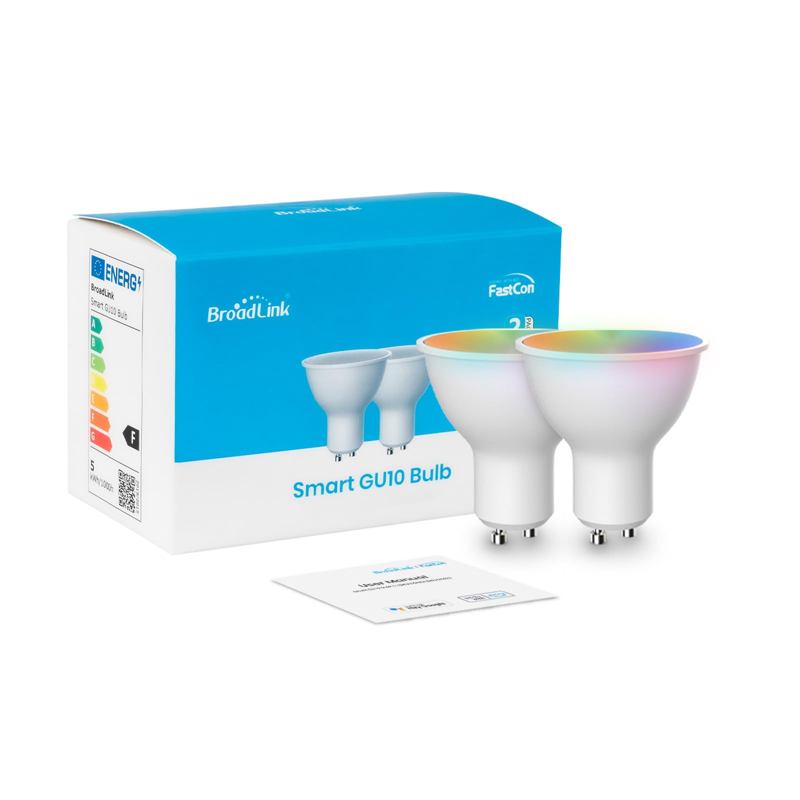 Broadlink FastCon Super Connect GU10 Smart Light Bulb 2-Pack, Color Changing with Music Sync, GU10/4.5W, Works with Alexa and Google Home, GW4C Hub Required