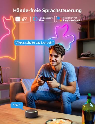 Lepro AI Neon LED Strip 6 m, LED Strip with App, Music & Voice Control | Compatible with Alexa & Google Assistant, for living room, gaming, party, wall decoration, personalised AI light designer